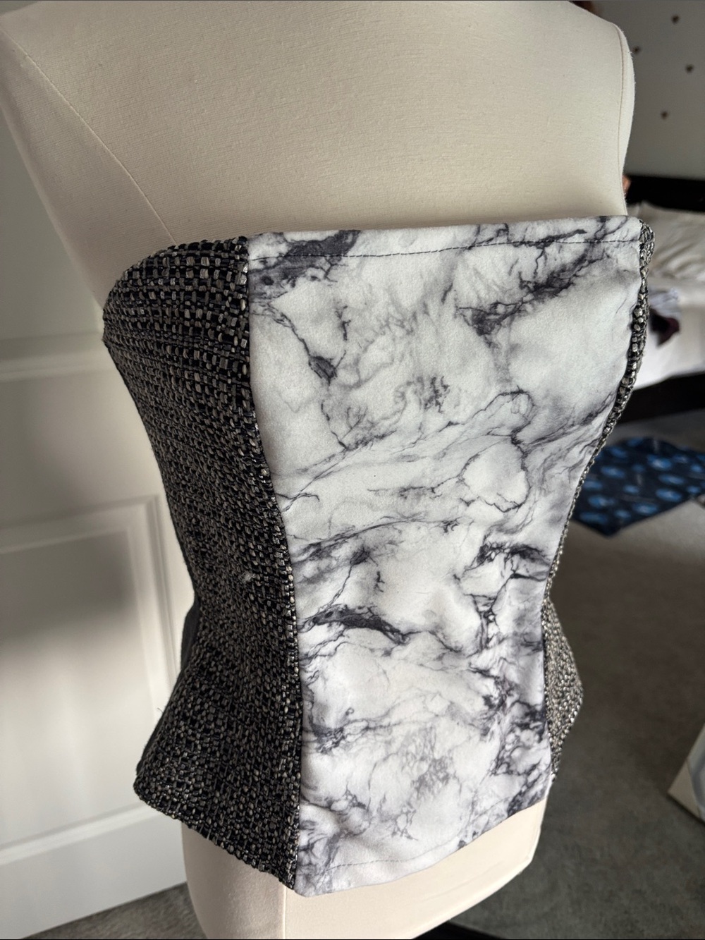 Strapless Marble-Print Panel Bustier Top in Black and White